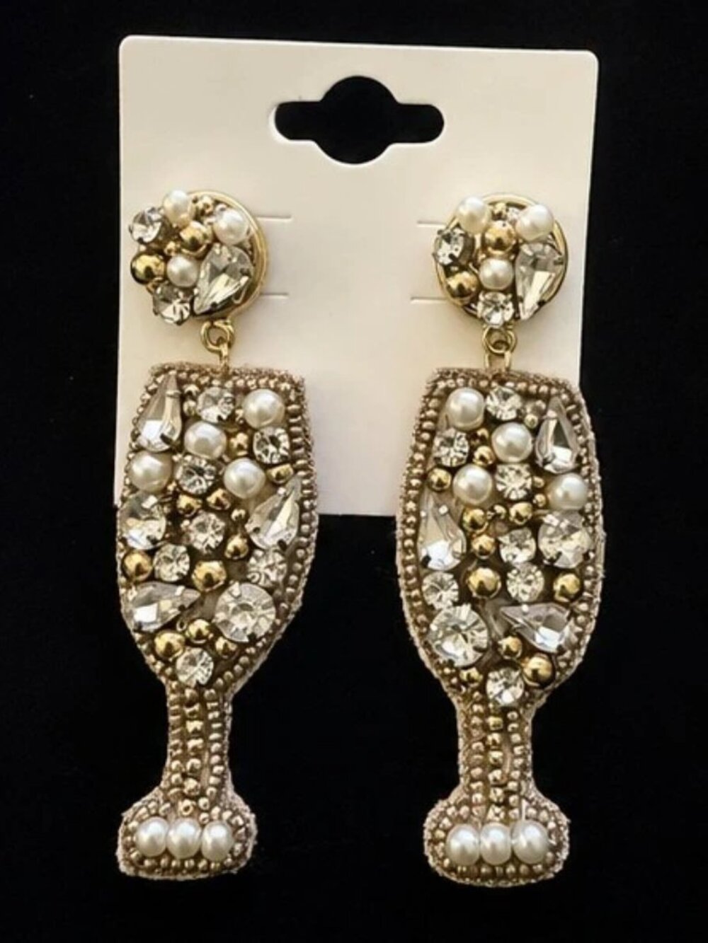 Wine/Champagne Theme Rhinestone Earrings Pearl Gold Statement Dangles Earrings